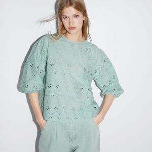 🆕 Zara Sz S Embroidered Eyelet Puff Sleeve Blouse Green